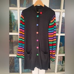 Bob Mackie Wearable Art Knit Cardigan Dress 90s Rainbow Striped Sweater Coat - M